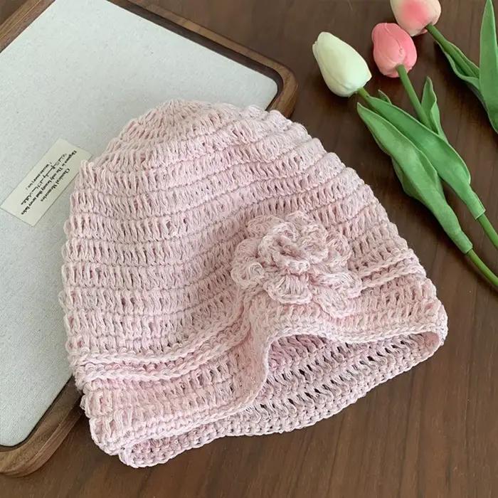 Casquettes tricotées à fleurs tissées à la main, chapeau ajouré polyvalent à paillettes au Crochet,