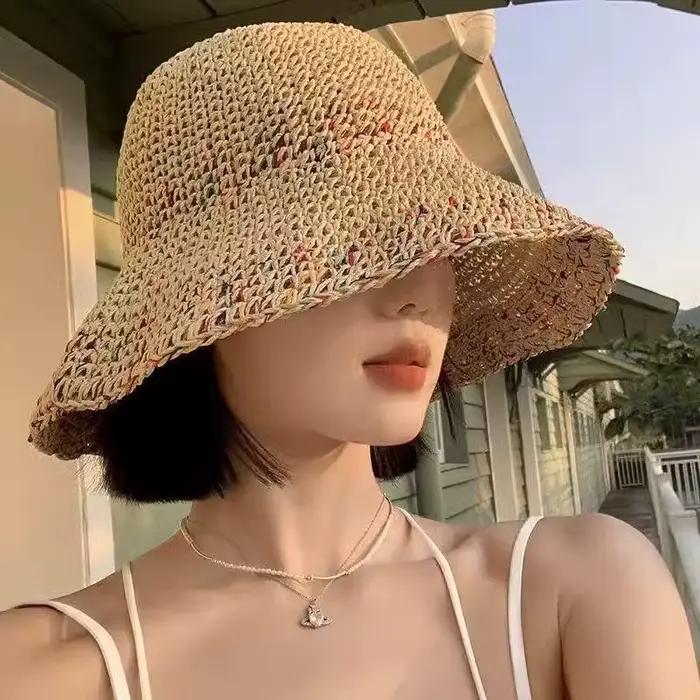Chapeau de paille arc-en-ciel coréen d'été pour femme, tissé à la main, à large bord, style pêcheur,