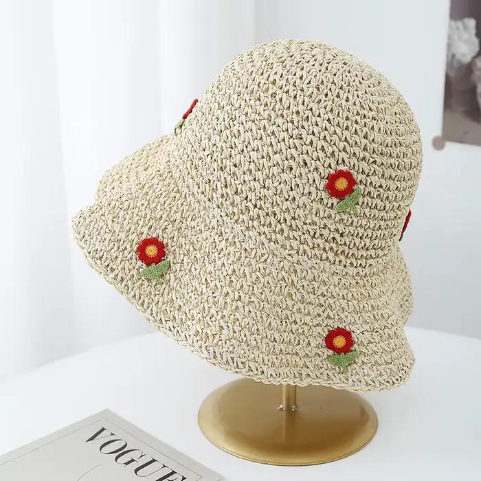 Chapeau seau en paille de Style coréen pour femmes, chapeau de Protection solaire réglable à fleurs,