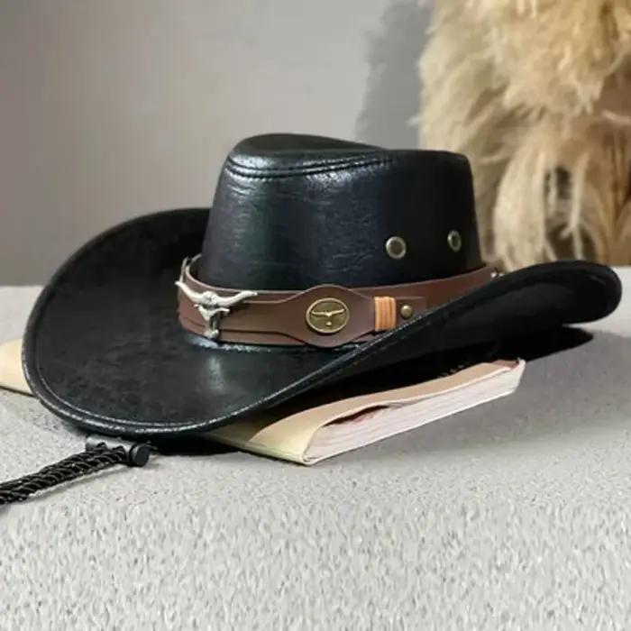 Chapeau de Cowboy occidental Vintage, ceinture de tête de bœuf, chapeaux Fedora à rivets pour hommes