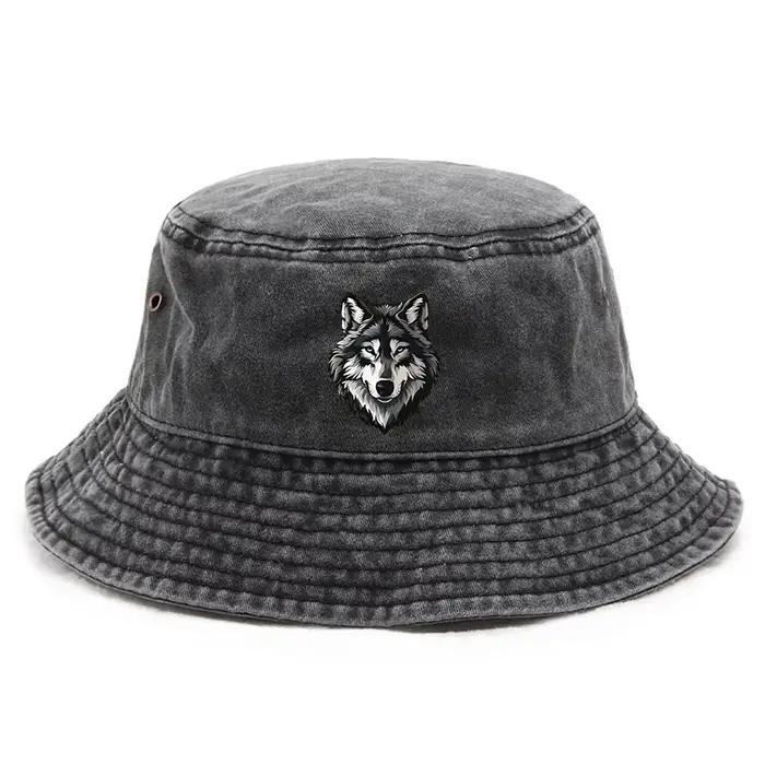 Un chapeau de pêcheur unisexe à tête de loup - Design de visage de loup de dessin animé, chapeau pli