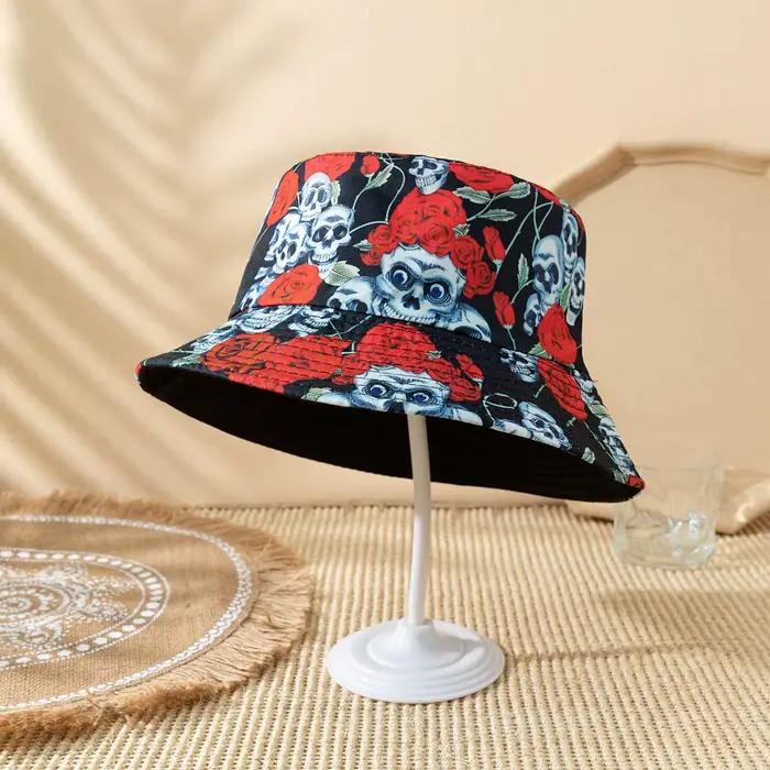 Chapeau de pêcheur réversible à motif rose et crâne imprimé, tendance et amusant, pour une ambiance