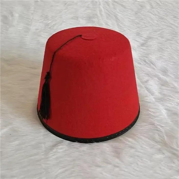 Chapeau Fez Rond en Feutre Respirant Rouge – Chapeau Marocain Cosplay avec Pompons Turcs – Fournitur