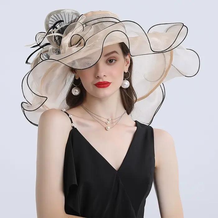 Chapeaux Fascinateurs élastiques à large bord pour femmes, chapeaux de soleil blancs en organza, fle