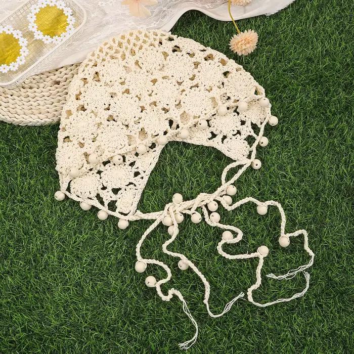 Bonnet tricoté ajouré à fleurs au crochet et à pompons perlés, style ethnique coréen fait main, pour