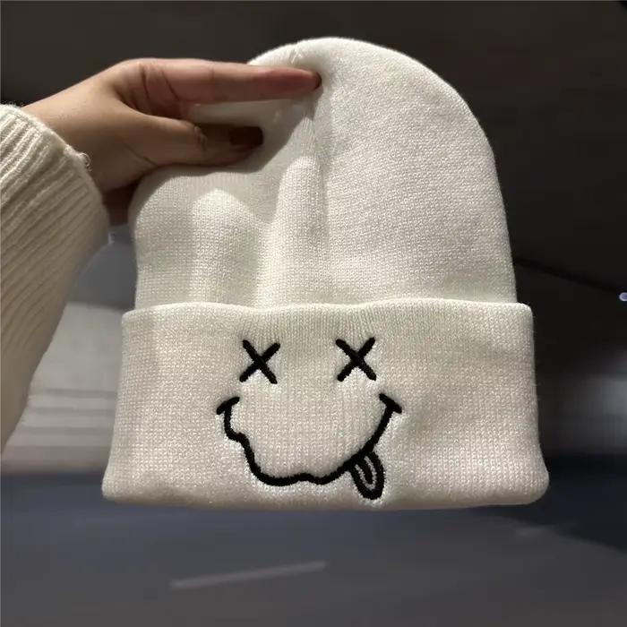 Chapeau tricoté brodé souriant pour hommes et femmes, chapeau chaud de cyclisme, chapeau froid de sp