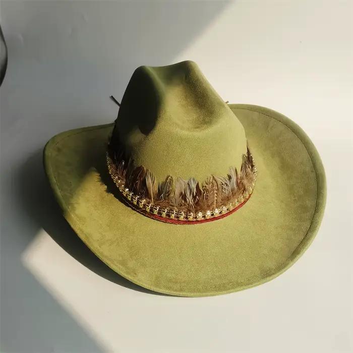 Nouveau chapeau de cowboy ethnique en daim végétalien à large bord plume chapeau de cow-girl fête ch