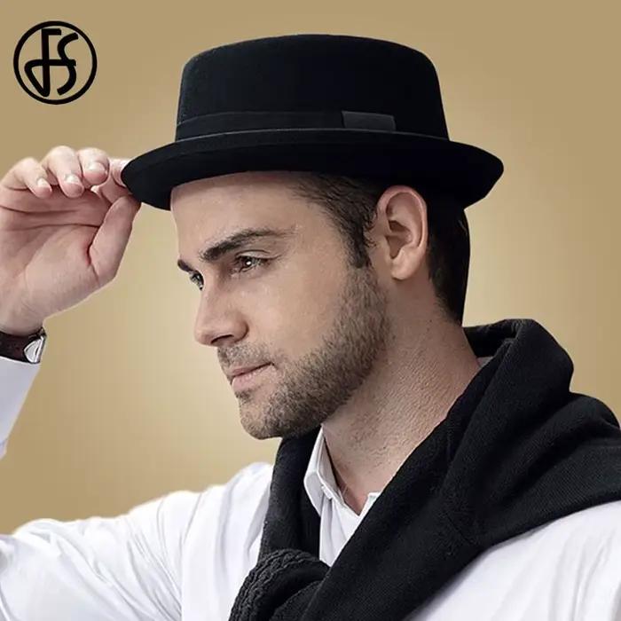 Chapeau de tarte de porc vintage pour hommes, feutre de laine à large bord, noir Fedora Church Jazz
