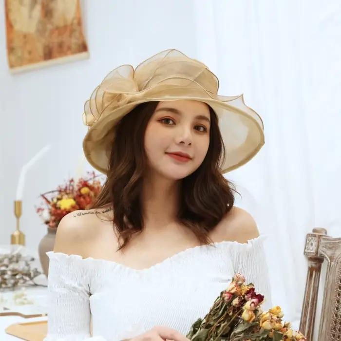 ChimOrganza-Chapeau de soleil à large bord avec volants, chapeau de mariage, fleur, maille, crème so