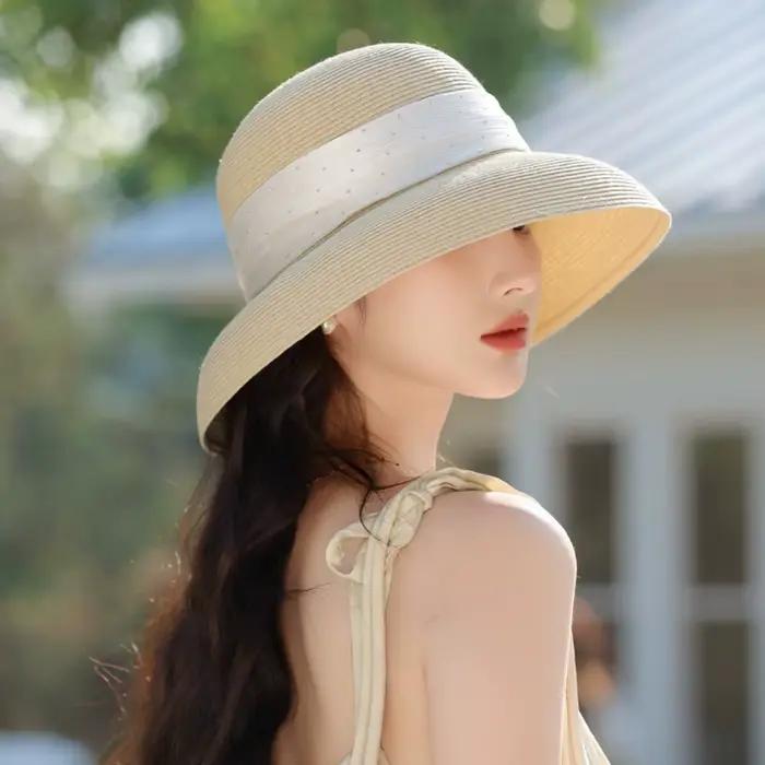 Chapeau de paille élégant style bohème en raphia, à large bord, tressé, respirant, style français, p
