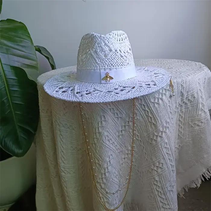 Chapeau de paille à fleurs Malan blanches, chaîne de perles Punk, bricolage, prend en charge toutes