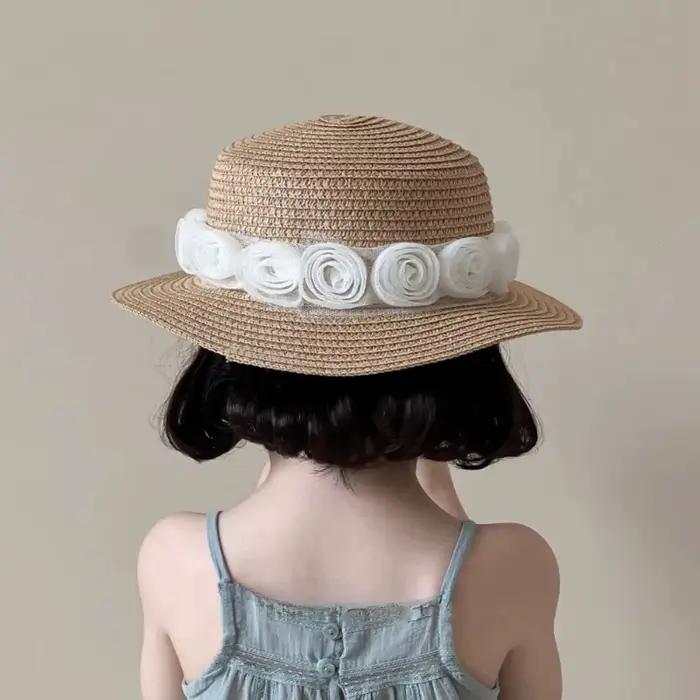 Nouveau été bébé casquettes de paille plage française fleur dentelle chapeau de paille voyage vacanc
