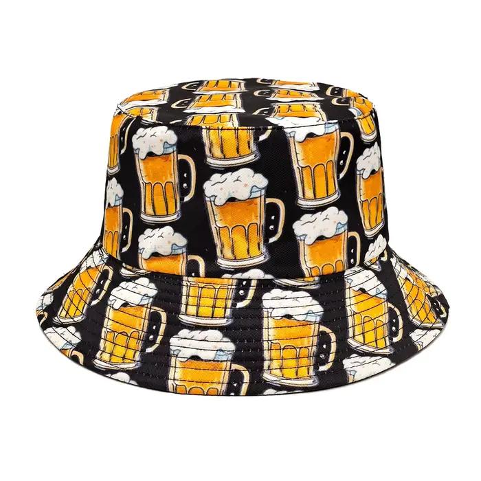 Chapeau seau de bière de dessin animé, motif imprimé de bière, chapeaux de pêcheur Double face en Po