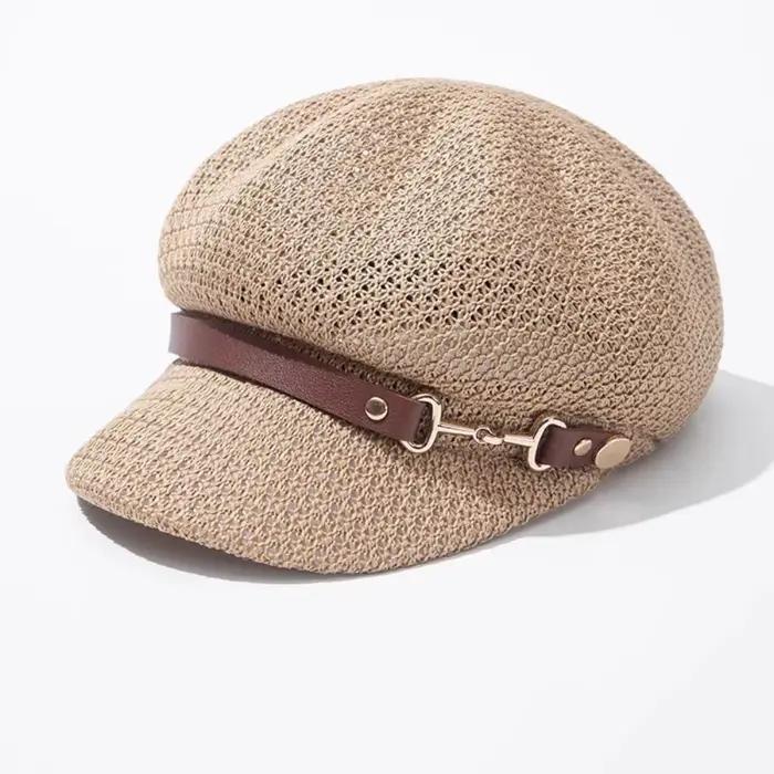 Béret octogonal classique ajouré avec boucle en cuir, chapeau de paille respirant pour la plage, cha
