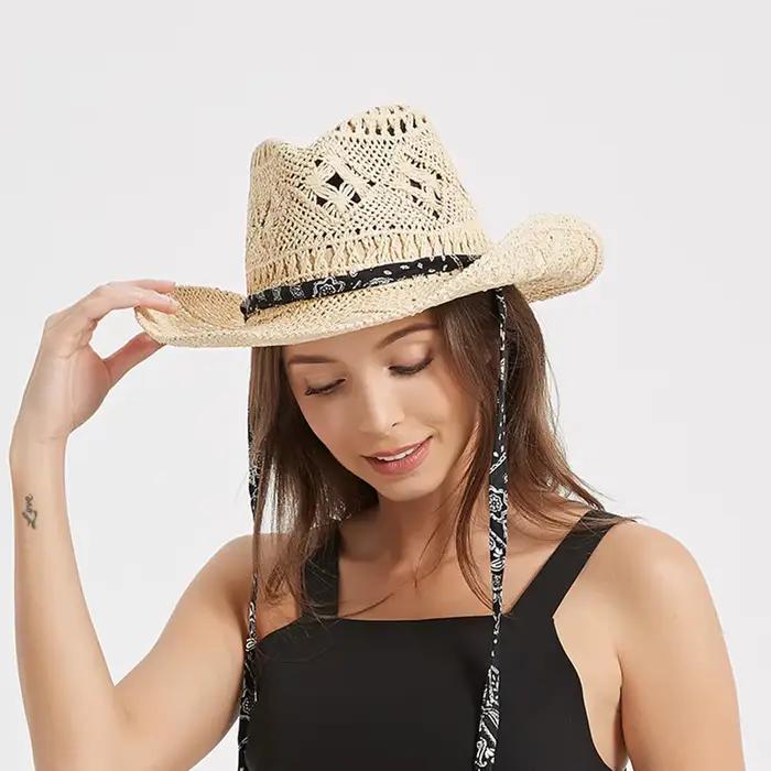 Chapeau de Cowboy en paille d'été pour femmes, chapeau de soleil de plage, Protection UV, naturel, f
