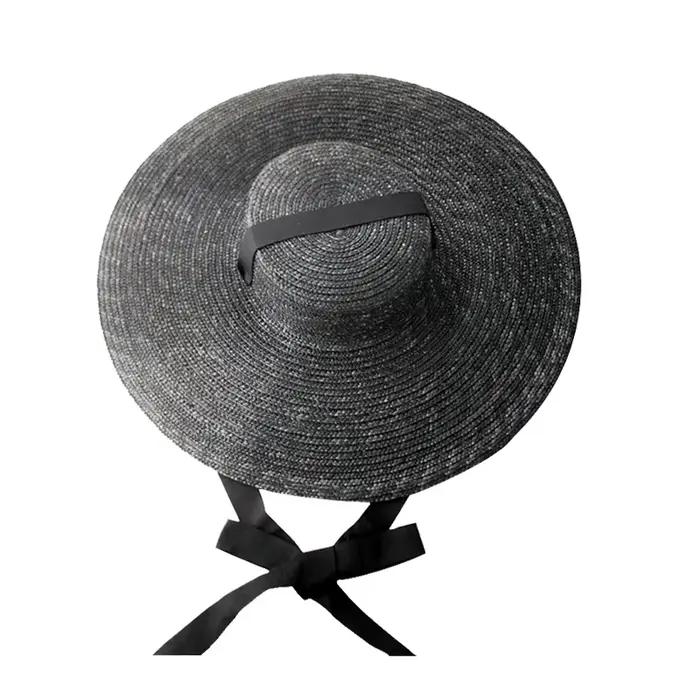 Chapeau de paille de soleil à large bord et plat, à la mode, avec Long ruban, pour femmes, vacances,