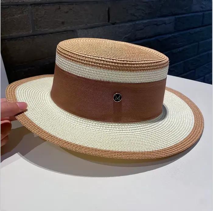 Chapeau de paille rétro britannique color-block pour femme, protection solaire estivale, chapeau de