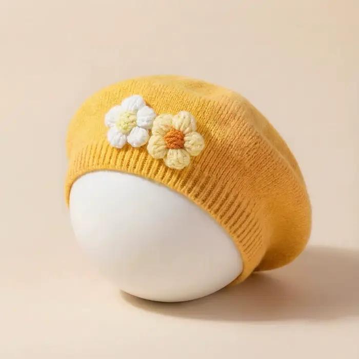 Béret pour bébé fille, bonnet tricoté à fleurs 3D, chapeau de peintre, bonnet d'hiver chaud et doux