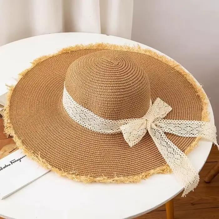 Chapeau de plage en paille surdimensionné pour femme avec nœud, idéal pour la protection solaire est