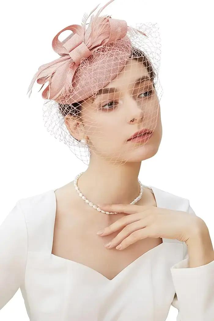 Fascinator-Chapeau Pillox en Maille et Dentelle pour Femme, Voile de Mariage pour Patients, Bandeau