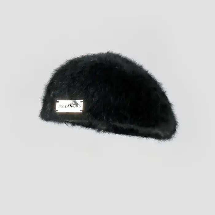 Béret réversible en fourrure de lapin pour femme, chapeau chaud d'hiver en tricot Double face, casqu