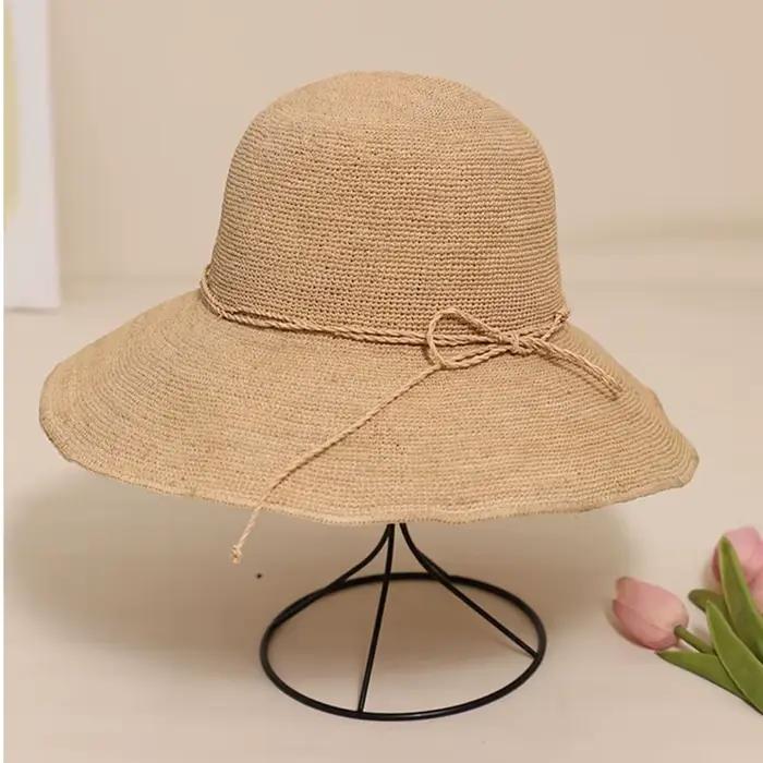 Chapeau de soleil en raphia fait à la main pour femme, chapeau de paille pliable à large bord, sorti