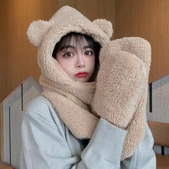 Hiver ours oreille Sherpa capuche chapeau écharpe gants 3 en 1 écharpe à capuche pour femmes hommes