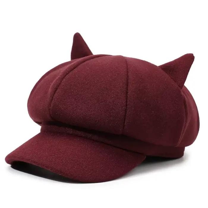 Chapeau octogonal avec oreilles de chat mignon, béret en laine rétro britannique, chapeau de peintre