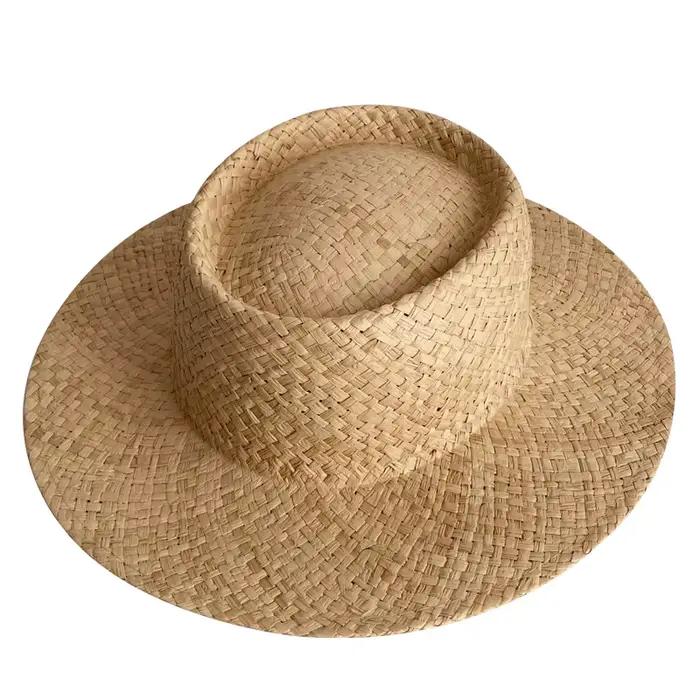 Chapeau de soleil en raphia naturel pour femme, style canotier, fedora, chapeau de plage uni, chapea