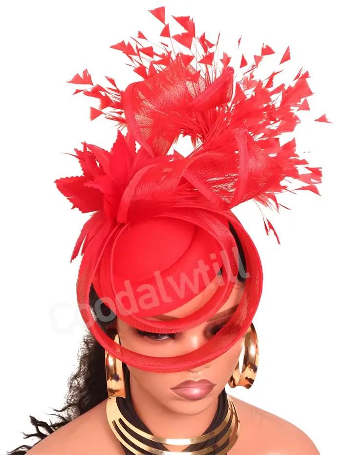 Chapeaux fascinateurs en plumes de cheveux rouges pour femmes, couvre-chef formel pour église de mar