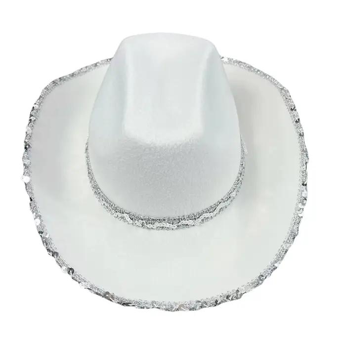 Chapeaux de cowboy western vintage pour femmes, noir, brillant, paillettes, large bord, casquette op