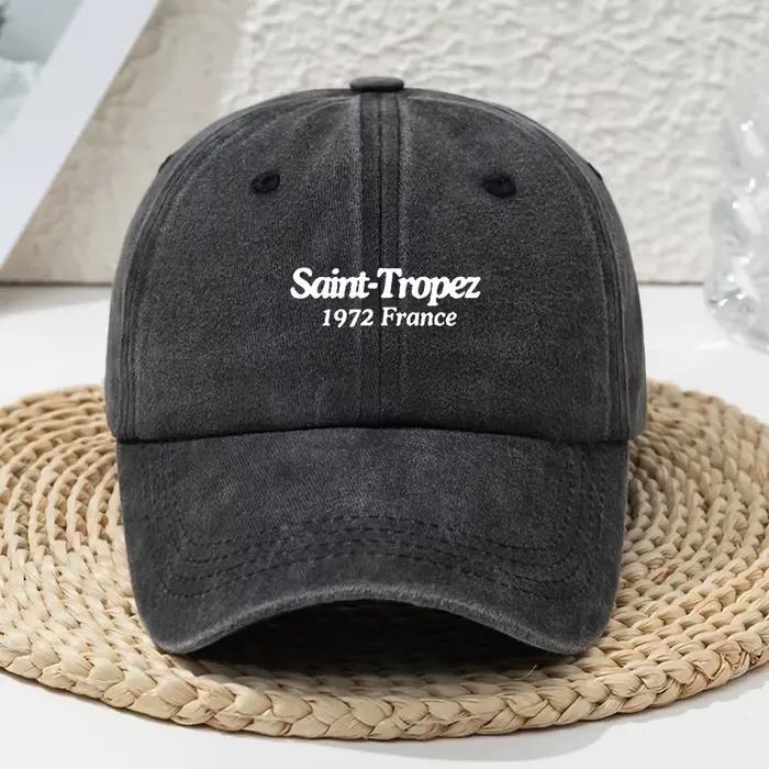 Casquette de baseball unisexe Saint-Tropez blanche à imprimé lettres, effet vieilli et délavé, style
