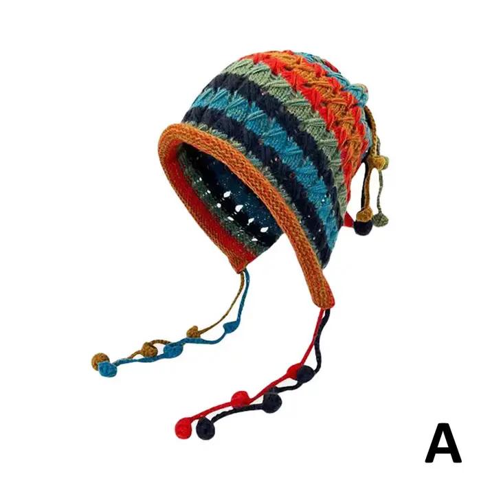Bonnet en laine tricoté à rayures arc-en-ciel colorées pour femmes, Bonnet de Protection des oreille