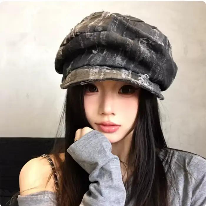 Casquettes octogonales déchirées style coréen pour femme, à bord souple et ajustables, pour le print