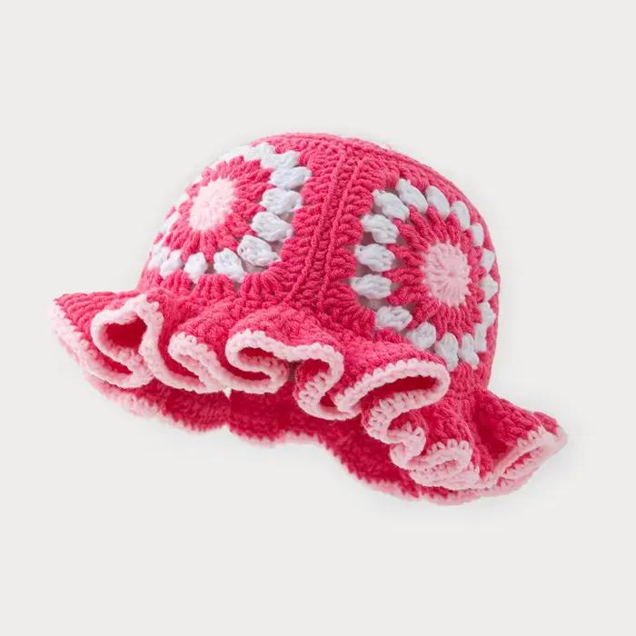 Chapeaux tricotés au crochet colorés pour hommes et femmes avec bords ondulés et motifs floraux, cha