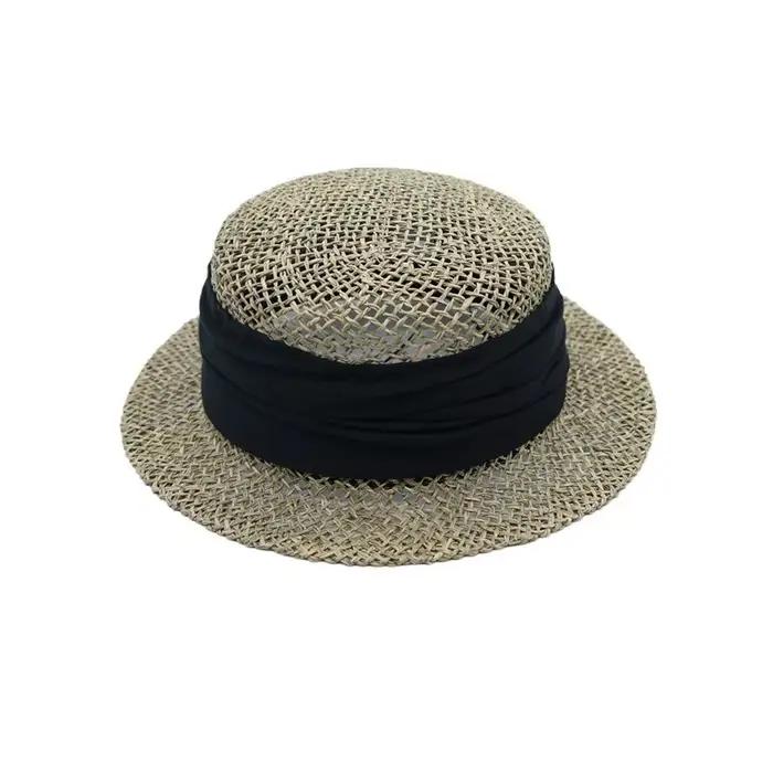 Chapeau de paille rétro français-britannique tressé en algues, creux, à bord court et dessus plat, p