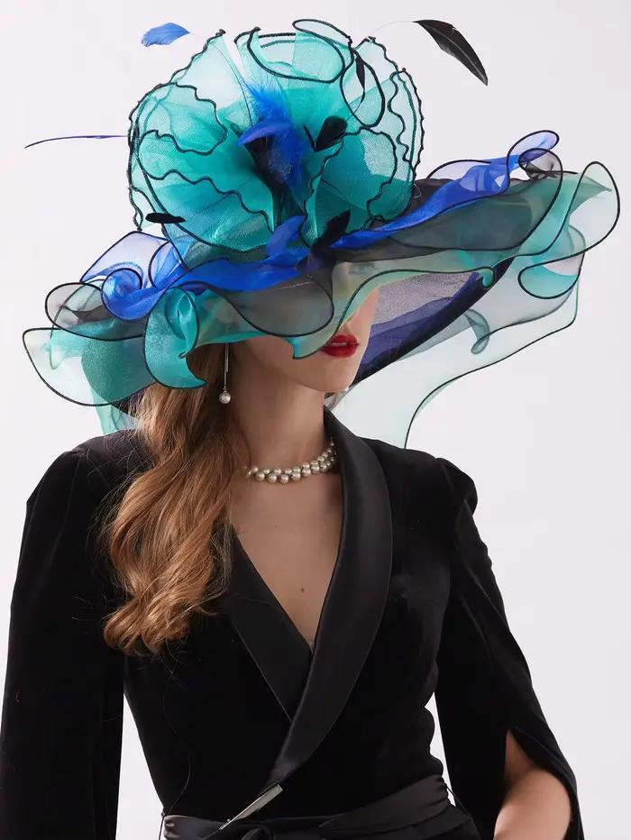Chapeau Fascinateur Derby en Organza pour Femme, Fleurs à Large Bord, Élégant, Mariage, ixd'Église,