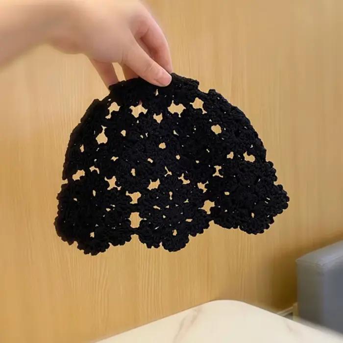 Bonnet en dentelle crochetée fait main pour femme, fin et ajouré, style artistique et décontracté, e