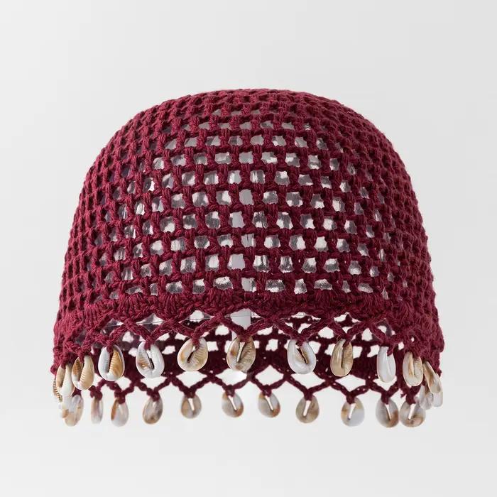 Bonnet en coton au crochet avec décorations en coquillages, fait main, tricoté, respirant, ajouré, s