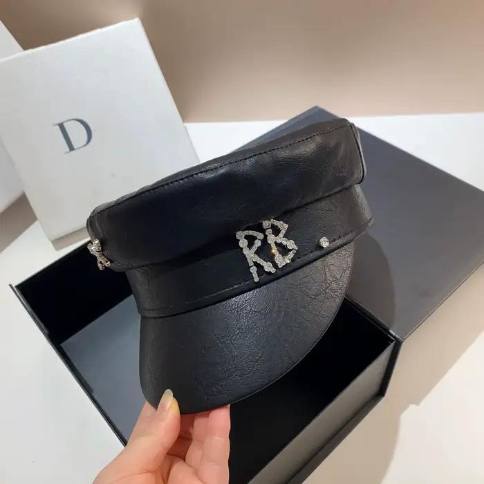 Casquettes de gavroche en PU pour femmes, casquette plate avec lettre en diamant, chapeau de bureau