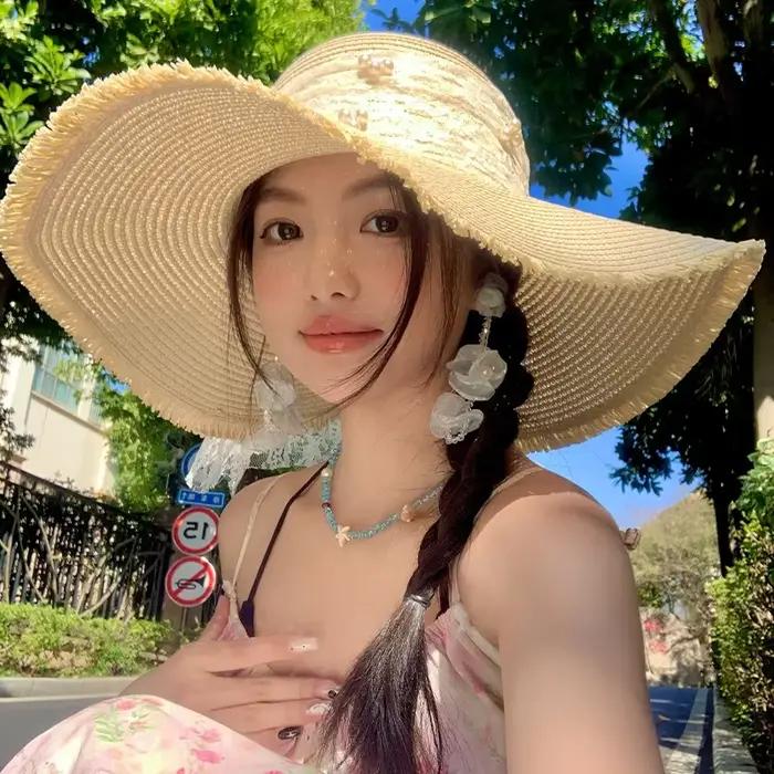 Chapeau de paille coréen en dentelle de perles pour femmes, Casquette de plage en plein air à large