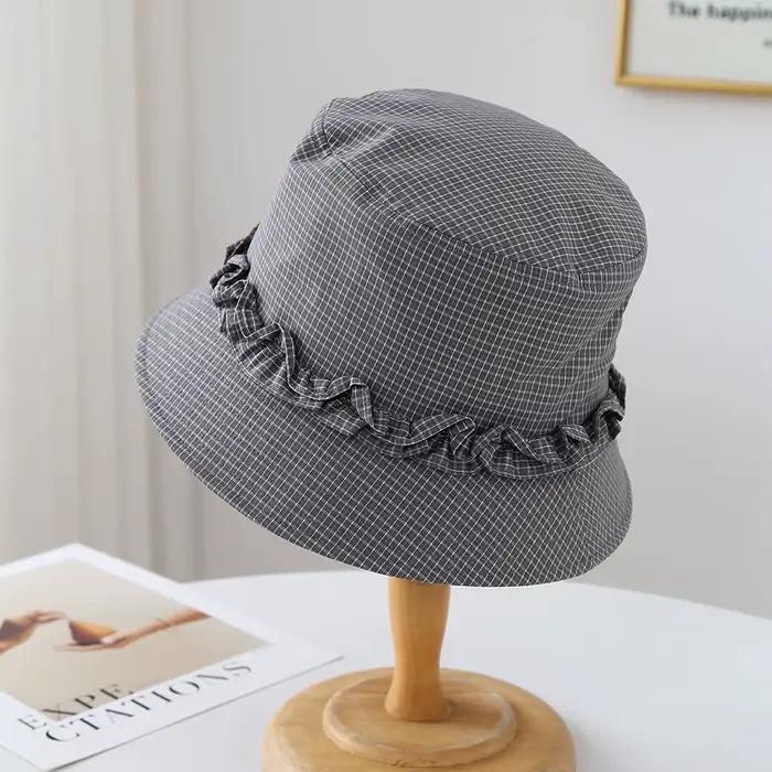 Chapeau Bob Femme à Carreaux avec Volants, Coupe-Vent Polyvalent Printemps-Été, Protection Solaire D
