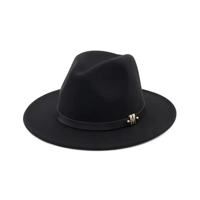 QBHAT hommes femmes laine Panama feutre chapeau large bord Jazz Fedora chapeaux noir M lettre bande