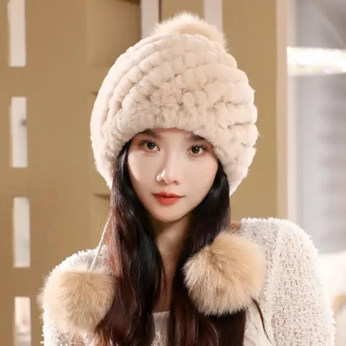 Véritable Rex lapin fourrure chapeau pour femmes automne russe ushanka rayure fourrure casquette dam