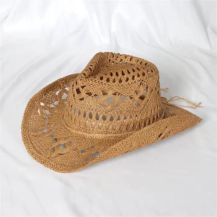 Chapeau de paille bohème Vintage pour femmes et hommes, chapeaux de Cowboy occidentaux, perles en bo