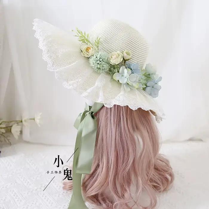 Chapeau de Protection solaire Lolita fait à la main, chapeau de paille à Large bord avec nœud papill