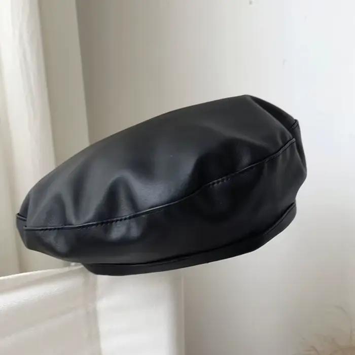 Béret rétro en cuir PU pour femmes, couleur unie, casquette octogonale coupe-vent décontractée, élég