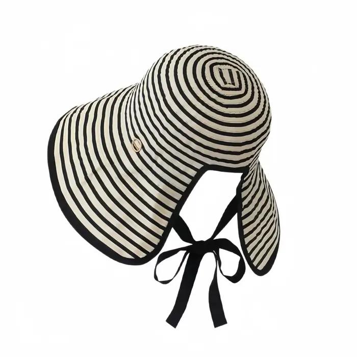 Chapeau de soleil à larges bords rayé noir et blanc pour l'été, style féminin, pliable/peut être att