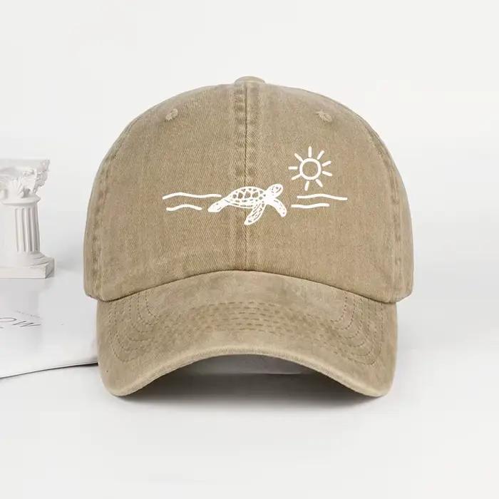 Casquette de baseball vintage délavée avec imprimé tortue, soleil et vague, casquette unisexe idéale