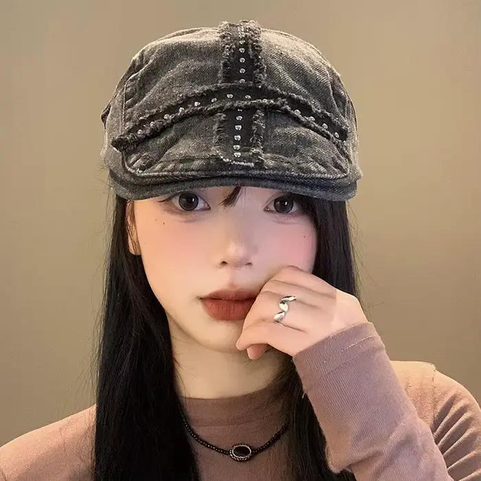 Chapeaux Blalck pour filles, grande Casquette rétro en Denim noir, riveté, délavé, vieilli, Chapeau
